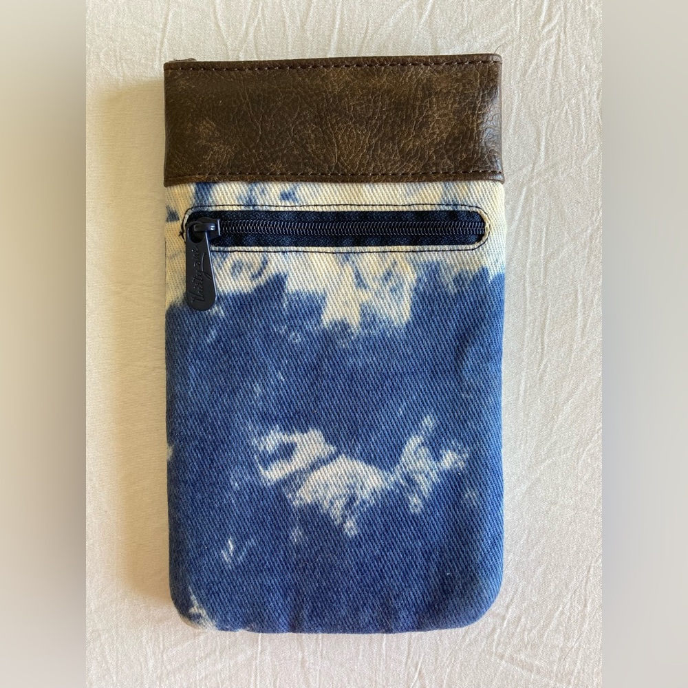 Thirty One Bag Leather And Fabric Pouch/Wallet With Pinch Open Top Blue, White